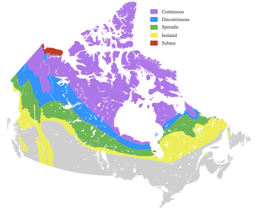 Map of Canada showing permafrost abundance